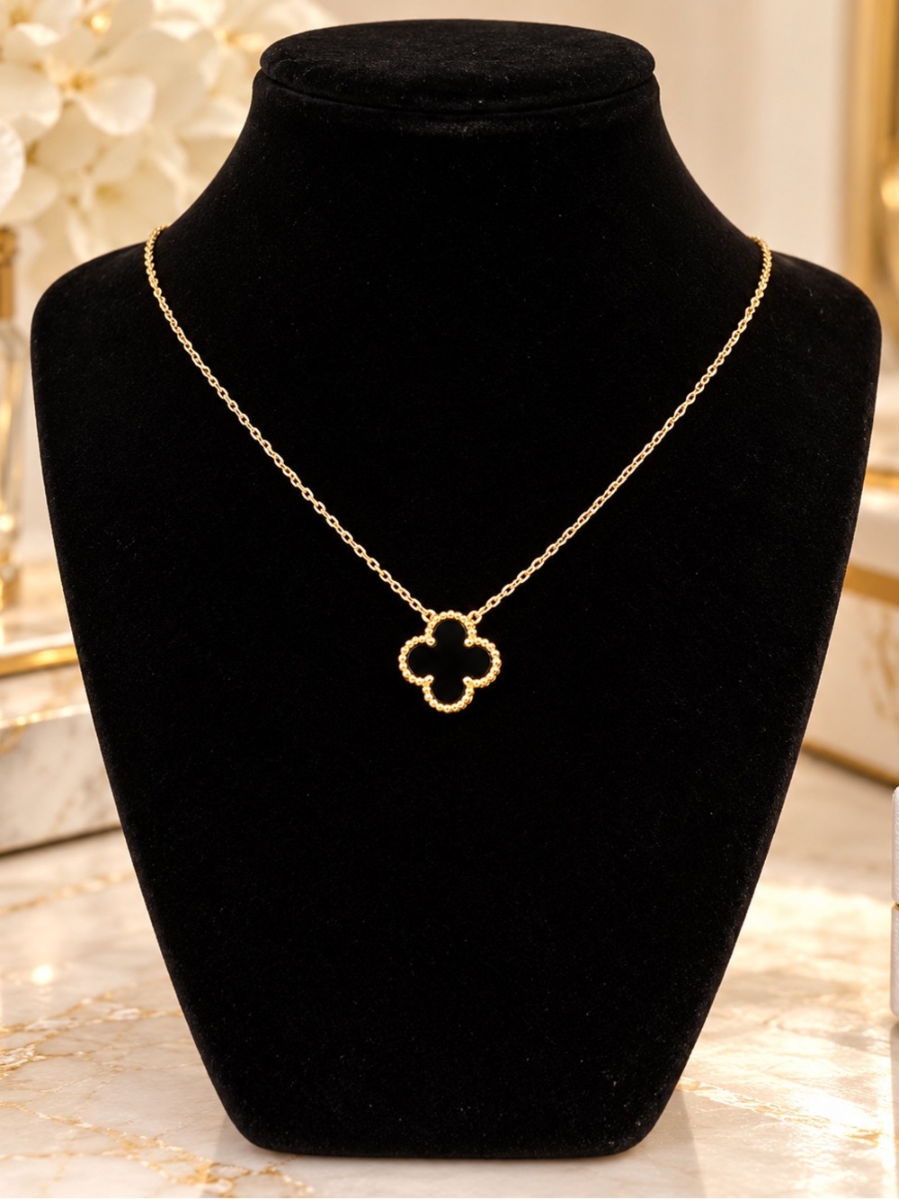 18KGP Clover Black Charm Gold Necklace